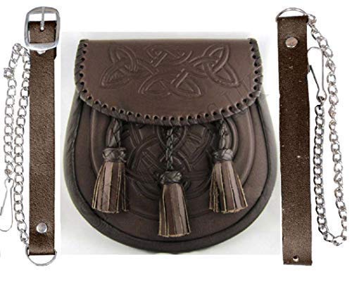 Shyne Kilts U.K Kilt Sporran Celtic Pergamena Goffrato Pelle Marrone Pizzo Intrecciato Edge Kiltwear Kilt