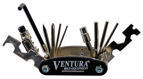 Ventura Folding Tool, 18 Functions, Black, 2/2.5/3/4/5/6/8 Allen Key Wrench,+/- Screwdriver, 8/9/10/13/14/15 Mm Wrench, 2 Nipplespanners (14G + 15G),