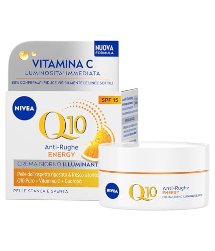 Nivea Q10 Anti-Rughe Energy Crema Giorno Illuminante Spf 15 50 Ml, Crema Viso Antirughe, Energizzante E Idratante, Crema Viso Vitamina C Arricchita Co