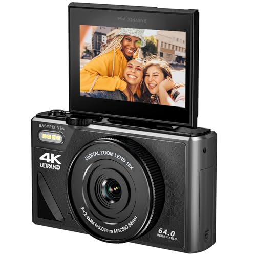 Easypix V64 Flip, Fotocamera Digitale Con Flip-Screen, Display Pieghevole Da 3,0", Risoluzione Fino A 64 Mp, Zoom Digitale 18X, Wifi, Perfetto Per Vlo