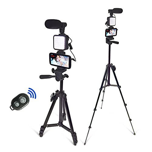 Kit Video Per Smartphone, Kit Per Vlogging, Kit Youtuber, Con Microfono E Treppiede Leggero, 127 Cm, Con Clip Per Telefono Estensibile, Telecomando Co