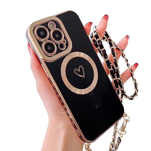 Hzlfczl Magnetisch Handykette Für Iphone 14 Pro Hülle Kameraschutz Herz Design Abnehmbar Kordel Zum Umhängen Handyhülle Galvanisierweiche Tpu Kamerasc