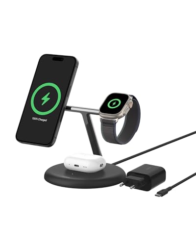 Belkin Supporto Di Ricarica Wireless Magnetica 3 In 1 Con Qi2 (15 W), Compatibile Con Magsafe, Caricatore Rapido Per Iphone 16/15/14/13, Airpods, Appl