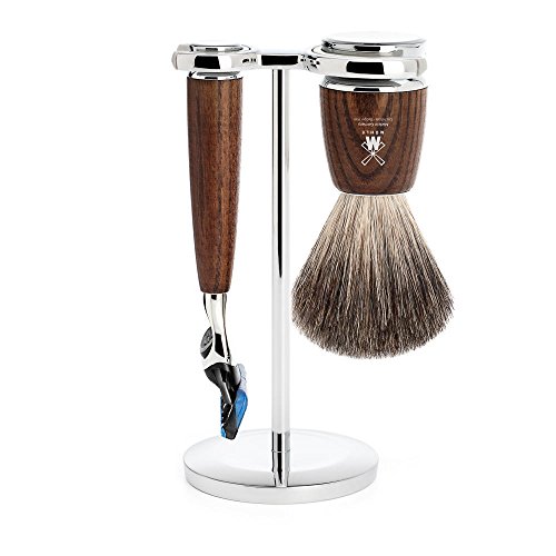 Mhle Shaving Set, 3 Piece Pure Badger Hair / Fusion - Rytmo Series - Handles Dark Ash Wood By Mhle