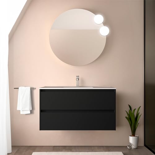 Mobile Bagno Sospeso 90 Cm Nero Satinato Con Lavabo E Specchio Tondo 70 Cm, 2 Cassetti Con Chiusura Soft-Close, Gaya