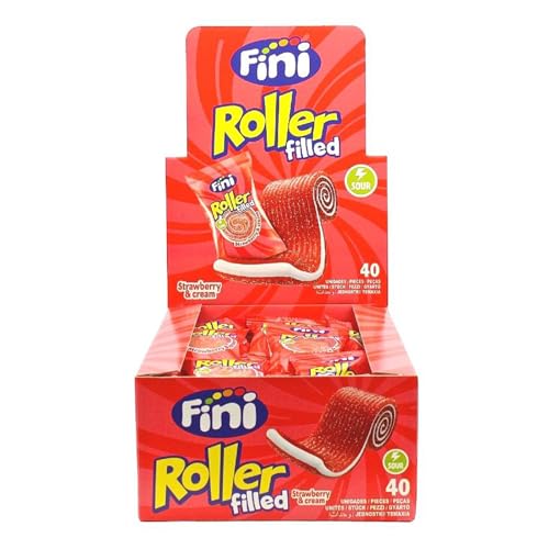 Fini Rolled Filled Caramelle Cinturine Frizzanti Gusto Fragola Ripiene Panna Espositore Da 40 Bustine Incartate Singolarmente