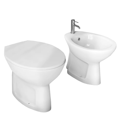 Yellowshop - Sanitari Bagno Set Vaso Rimless Con Coprivaso Soft-Close E Bidet Distanziati A Terra In Ceramica Bianco Sig