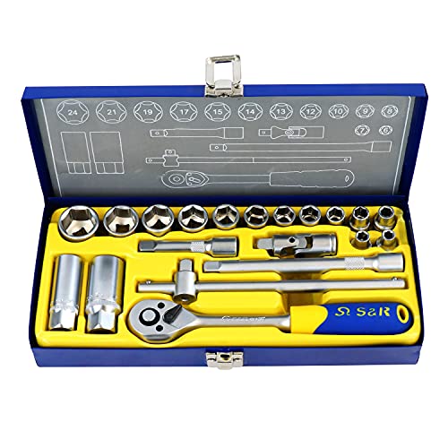 S&R Set Chiavi A Bussola E Tubo Con Crichetto 3/8" E Prolunghe, Snodo Galvanico, Dadi Per Candele. Casseta In Metallo 20 Pezzi