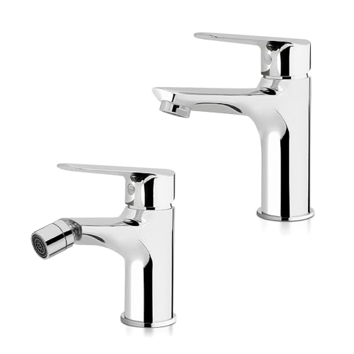 Set Miscelatori Lavabo E Bidet Cromato Lucido In Ottone, Piletta Di Scarico E Flessibili Di Collegamento Inclusi