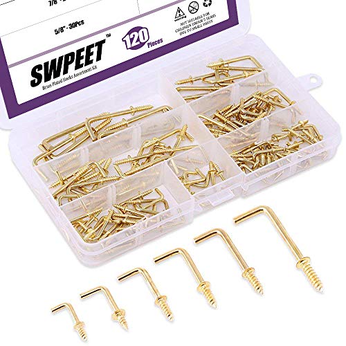 Swpeet 120Pcs 6 Taglie In Metallo Placcato Oro Ottone Screw-In Square Bend Ganci Kit, Gold Square Bend Ganci Viti Autofilettanti Ganci Per Casa/Lavoro