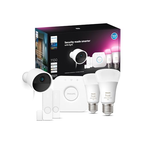 Hue Philips Secure Starter Kit Con Telecamera Cablata, 2 Sensori Di Contatto, 2 Lampadine E26 White And Color Ambiance, Bridge Centro Di Controllo Hue