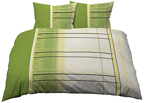 Gerald Wittmann 3 Pezzi Set Copripiumino Raso Satin, 100% Cotone, Biancheria Da Letto Piazza E Mezza, Strisce Y Scacchi, Verde Beige/Crema Giallo, 200