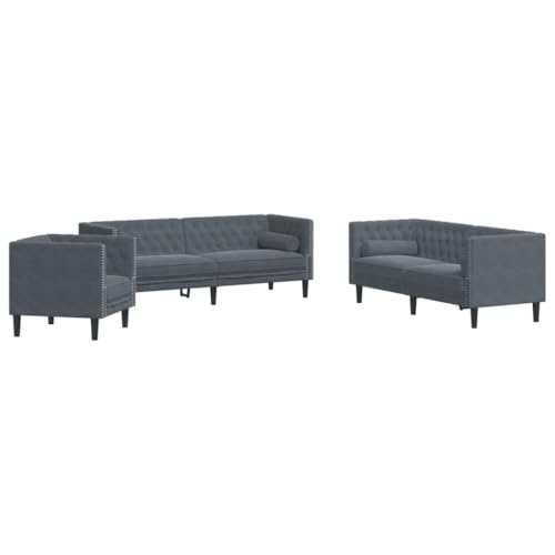 Vidaxl Set Divani Chesterfield 3Pz Con Cuscini Grigio Scuro Velluto, Divano, Seduta, Divano Relax, Divano Comfort, Divano Tv, Divano Rilassante