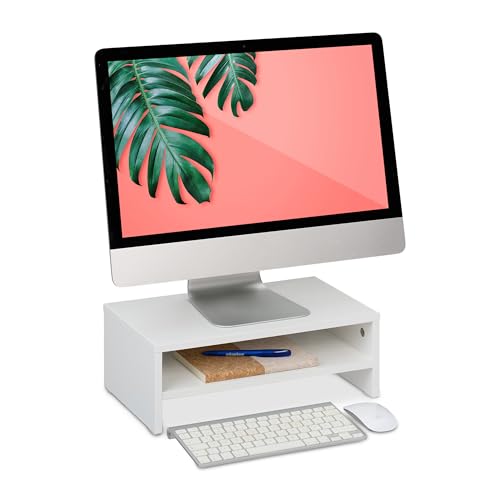 Relaxdays Supporto Per Monitor, Rialzo Stand Pc Con Ripiano Portaoggett, 14X40X23,5 Cm, Alzaschermo Da Scrivania, Bianco, Fibra Di Legno