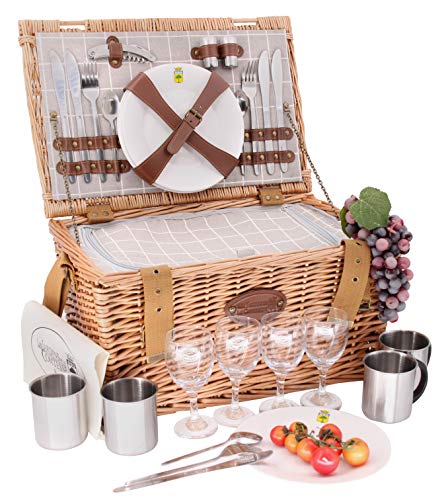 Les Jardins De La Comtesse – Cestino Da Picnic Concorde In Vimini – 4 Persone/Scomparto Isotermo/Piatti/Bicchieri Da Vino/Tazze Di Metallo – Tessuto C