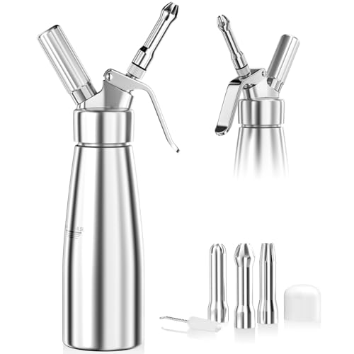 Newaner 500Ml Sifone Panna Montata, Sifon Da Casa E Cucina Alluminio Con 3 Ugelli In Acciaio Inox E 1 Spazzola Da Pulizza, Per Decorazione Torte Di Co