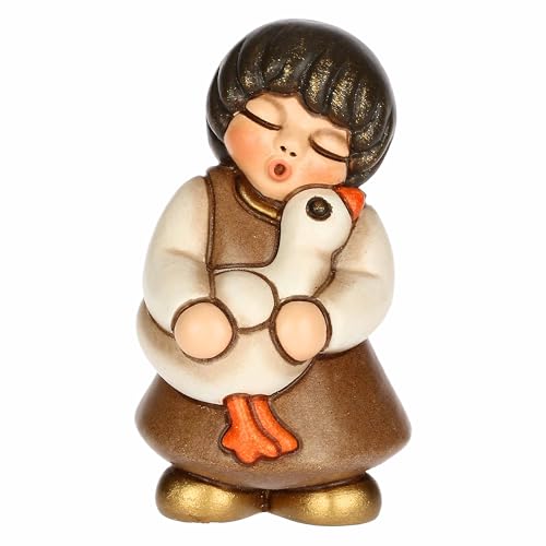 Thun - Bimba Con Oca Marrone In Ceramica, 3,6X3,6 Cm, Altezza 6,2 Cm, Collezione Presepe Classico