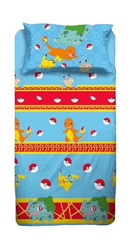 Pokemon, Set Lenzuolo Singolo Cameretta, Una Piazza, Completo Letto, Lenzuolo Sopra, Lenzuolo Sotto Con Angoli, Federa, 100% Cotone, Prodotto Ufficial