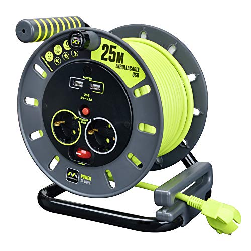 Masterplug Pro-Xt Avvolgicavo 25 Metri, 4 Prese Eu Schuko, 2 Usb, Prolunga Elettrica 16A, Protezione Termica, Cavo Alta Visibilità