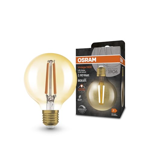 Osram Lampada Led Vintage 1906 Classic Globe 80 Mm Fil 60, E27, Dimmerabile, Forma Globo, Oro, 7.2 W, 806 Lm, 2400 K, Luce Bianca Molto Calda, Basso C