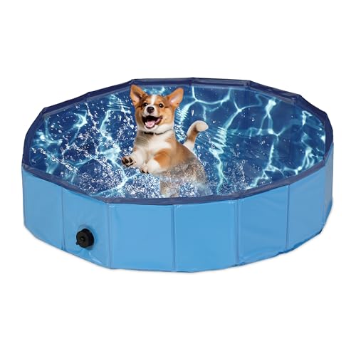 Relaxdays Piscina Per Cani Taglia Piccola, 20X80 Cm, Piscinetta Pieghevole Con Scarico, Bagno In Giardino, Pvc, Mdf, Blu