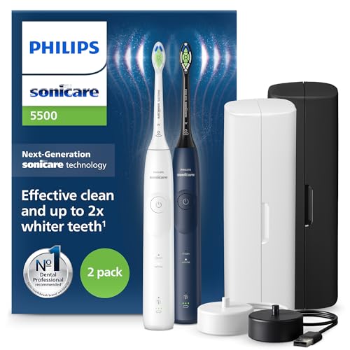 Philips Sonicare 5500, Spazzolino Elettrico Sonico Con 2 Modalità, Avviso Di Pressione, Easystart, Smartimer E Brushpacer, Bianco E Blu Navy, Confezio