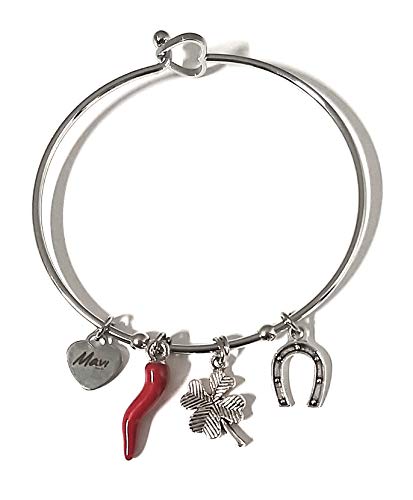 Mavijewel Bracciale Donna In Acciaio Con Charm Corno Portafortuna Pendolo Ferro Di Cavallo Ciondolo Quadrifoglio Produzione Propria Made In Italy #Gio