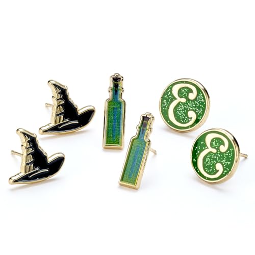 Wicked Set Di 3 Paia Di Orecchini A Lobo Con Logo "E" Con Cappello, Pozione Ed Elphaba, Misura Unica, Lega Di Zinco: 93% Zinco + 3% Rame + 4% Allumini