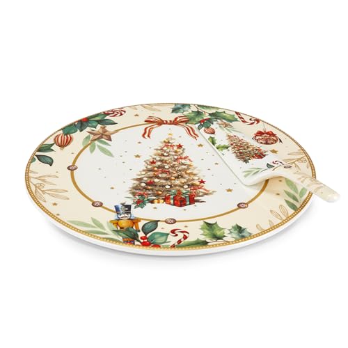 Fade Piatto Torta, Panettone Natalizio In Porcellana Con Paletta "Alya" 30 Cm