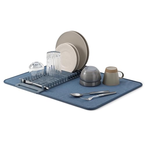 Umbra Udry Dish Rack And Microfiber Drying Mat - Space-Saving Design Folds Up For Easy Storage, Basic Rack, Slate Blue