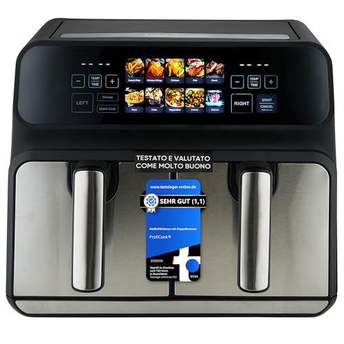Proficook® Friggitrice Ad Aria Calda | 2 Camere | 8L | Doppia Camera | Senza Olio E Grassi | Friggitrice Ad Aria | Display A Colori | 2200W | Friggitr