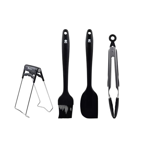 Masterpro Foodies - Game Of 4 Black Kitchen Utensils - Prodotto In Silicone Resistente E Acciaio Inossidabile - Brush 26 Cm - Spatola 28 Cm - Morsetto