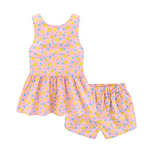 Milabrown Baby Girls' Summer Shorts Set Girls Cute Strawberry Print O-Neck Vest + Casual Shorts Set Pink Pineapple 4T