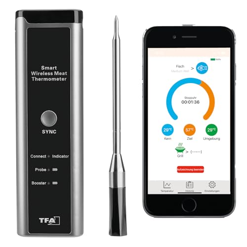 Tfa Dostmann Cucina Termometro Da Carne Senza Fili Smart Bbq, 14.1515.10, 70 M, Per Barbecue, Forno, Friggitrice Ad Aria Calda, Lavabile In Lavastovig