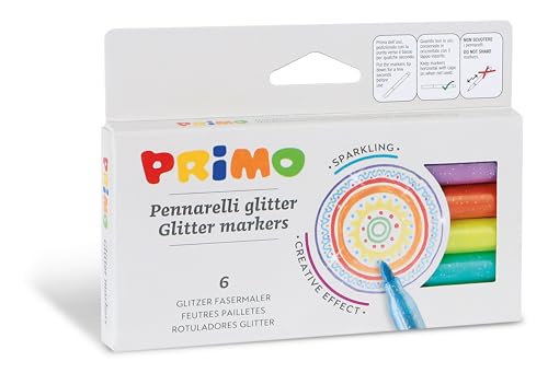 Primo - 6 Pennarelli Punta Fine 2.5 Mm, Pennarelli Lavabili Per Bambini +3 Anni Con Glitter, Colori Per Bambini Disegnare Lettering Lavoretti Creativi