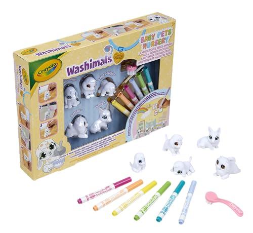Crayola Washimals Pets - Baby Pets Nursery, Set Con 5 Cuccioli, 6 Pennarelli Lavabili, Spazzolina, Ambientazione Asilo Nido Dei Cuccioli, Gioco E Rega