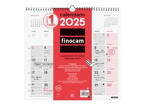 Finocam - Calendario Neutro Da Parete Per Scrivere 2025 Mese Vista Gennaio 2025 - Dicembre 2025 (12 Mesi) Spagnolo