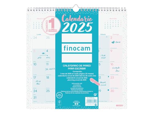 Finocam - Calendario Chic Da Parete Per Scrivere 2025 Mese Vista Gennaio 2025 - Dicembre 2025 (12 Mesi) Chic Turchese Spagnolo