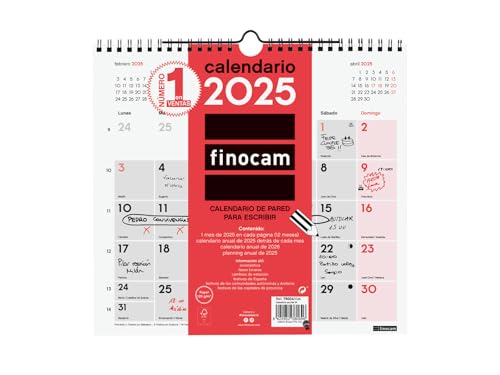 Finocam - Calendario Neutro Da Parete Per Scrivere 2025 Mese Vista Gennaio 2025 - Dicembre 2025 (12 Mesi) Spagnolo