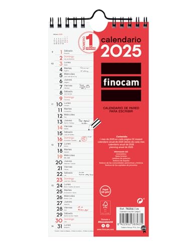Finocam - Calendario Neutro Da Parete Per Scrivere 2025 Mese Vista Gennaio 2025 - Dicembre 2025 (12 Mesi) Spagnolo