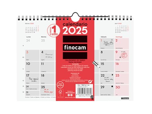 Finocam - Calendario Neutro Da Parete Per Scrivere 2025 Mese Vista Gennaio 2025 - Dicembre 2025 (12 Mesi) Spagnolo