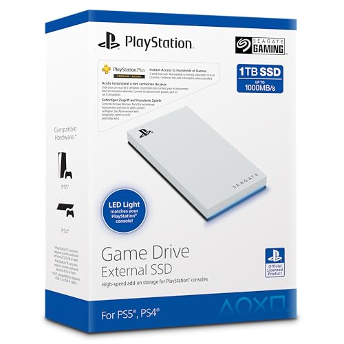 Seagate Game Drive Per Ps5, 1 Tb, Usb 3.2 Con Licenza Ufficiale, Colore Bianco Con Illuminazione Led Blu, 2 Anni Rescue Services (Stmh1000200)