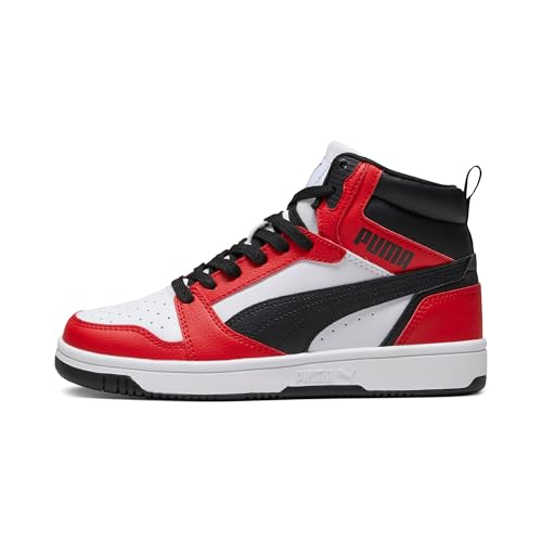 Puma Rebound V6 Mid Jr, Scarpe Da Ginnastica Unisex - Bambini E Ragazzi, Puma White Puma Black For All Time Red, 35.5 Eu