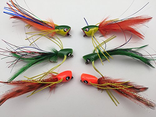 Fly Fishing"Jazzy Poppers" Selection, Set Di 6 Mosche Misura 4 Per Spigola, Luccio, Trota Persico Cavedano Acqua Salata Pack #320B
