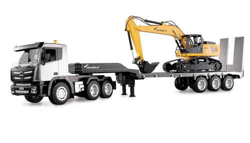 Amewi Set 2 In 1 Camion Con Piano Profondo Ed Escavatore 1:24 Rtr Telecomandato Rc, Cantiere Per Bambini, 8 Anni, Antracite Nero-Giallo