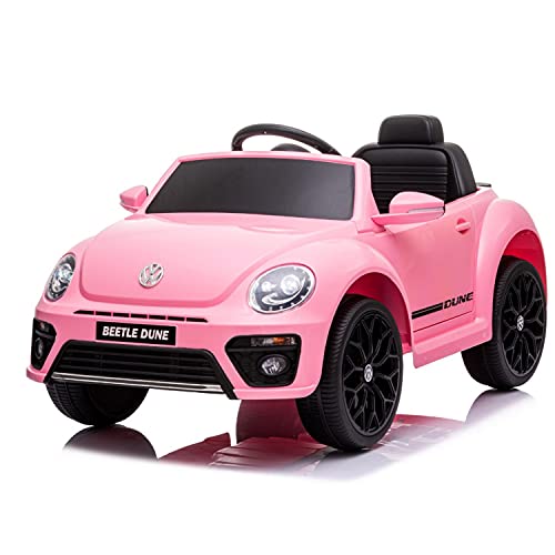 Auto Elettrica Per Bambini Volkswagen Maggiolino New Beetle Small 12V Telecomando Luci Led Suoni (Rosa)