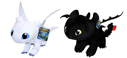 Httyd Dragons Pack 2 Peluches Drago Furia Buia Bianca + Sdentato Toothless Nero - Qualità Super Soft 11'80"/30Cm (Coda Di 40 Cm Inclusa)