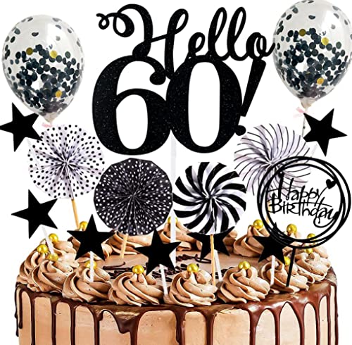 Conruich Topper Di Compleanno 60 Anni Uomini, Cake Topper Happy Birthday Nero, Glitter Deco Torta Palloncini Coriandoli E Ventaglio Di Carta Per Decor