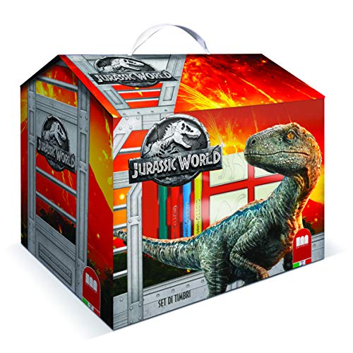 Multiprint Casetta 7 Timbri Per Bambini Jurassic World, 100% Made In Italy, Set Timbrini Bimbi Personalizzati, In Legno E Gomma Naturale, Inchiostro L