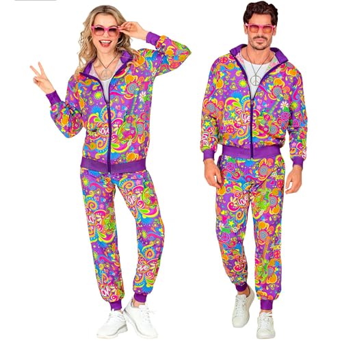 Widmann Milano Party Fashion - Costume Tuta, Flower Power Hippie, Neon, Fantasia Floreale, Completo Anni '80, Tuta Da Jogging, Completo Cattivo Gusto,